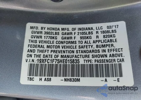 2017 Honda Civic Ex-L из США, поврежденный, VIN 19XFC1F75HE015835